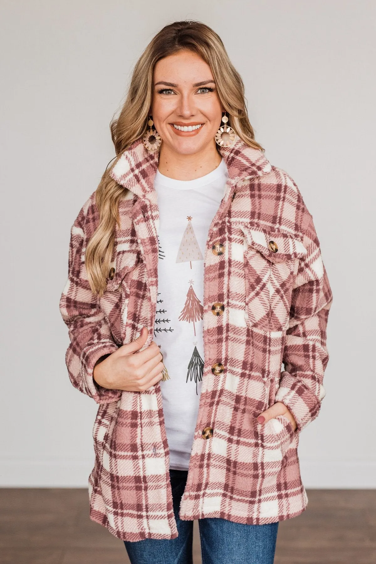 Warm Winter Wishes Plaid Sherpa Jacket- Mauve