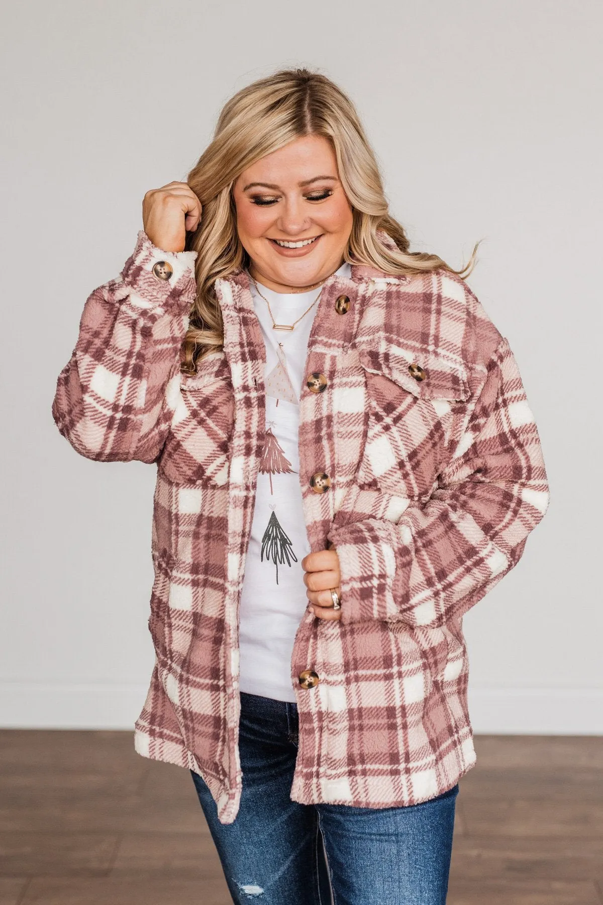 Warm Winter Wishes Plaid Sherpa Jacket- Mauve