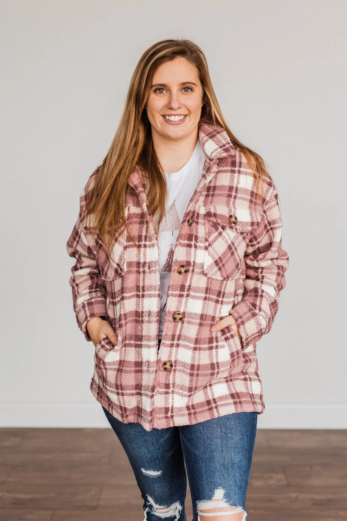 Warm Winter Wishes Plaid Sherpa Jacket- Mauve