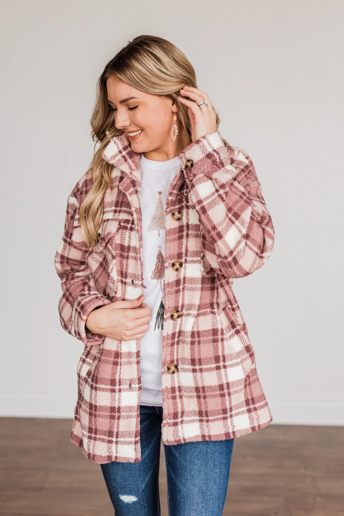 Warm Winter Wishes Plaid Sherpa Jacket- Mauve