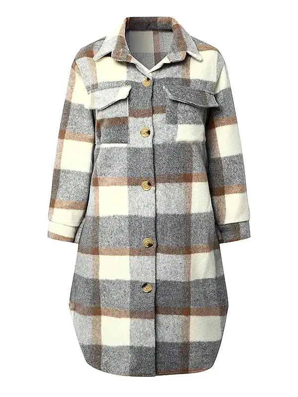 Winter Plaid Wool Blend Shacket Jacket for Women