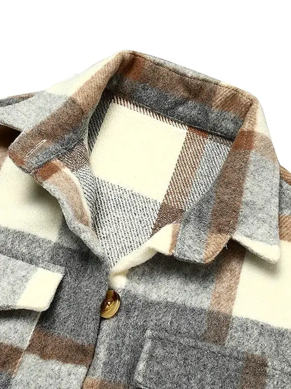 Winter Plaid Wool Blend Shacket Jacket for Women