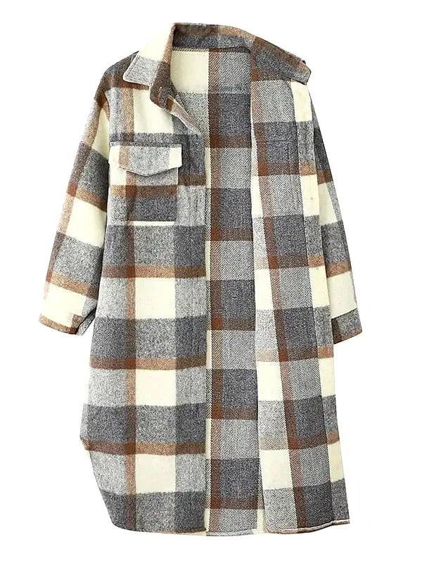 Winter Plaid Wool Blend Shacket Jacket for Women