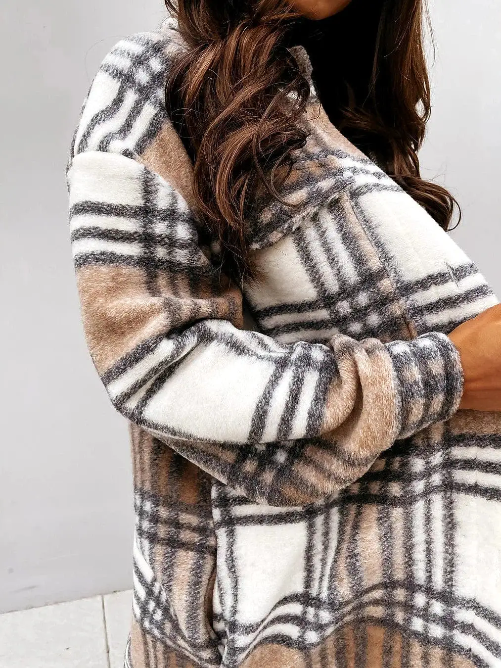 Winter Plaid Wool Blend Shacket Jacket for Women