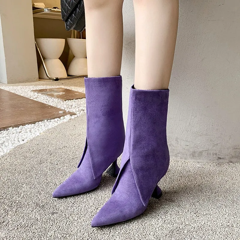 Women's Novelty Splicing Sexy Pointed Toe High Heel Mid Calf Boots