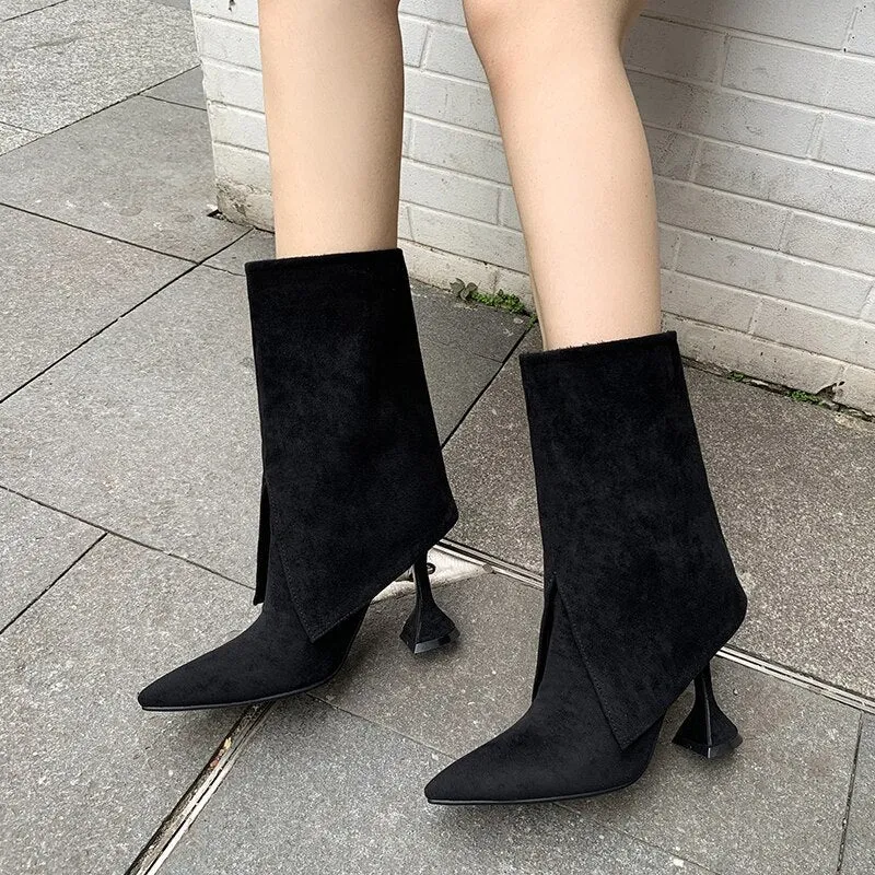 Women's Novelty Splicing Sexy Pointed Toe High Heel Mid Calf Boots