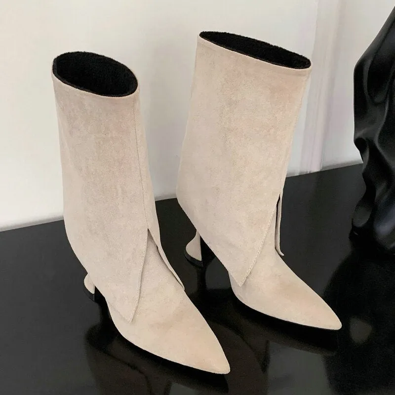 Women's Novelty Splicing Sexy Pointed Toe High Heel Mid Calf Boots