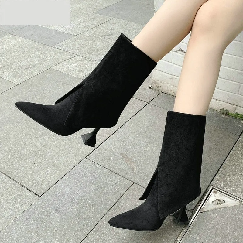 Women's Novelty Splicing Sexy Pointed Toe High Heel Mid Calf Boots