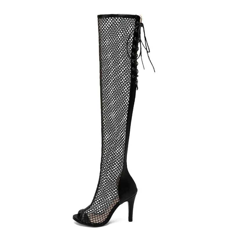 Women's Summer Ballroom Dancing Overknees Open-Toe Gladiator Net Boots